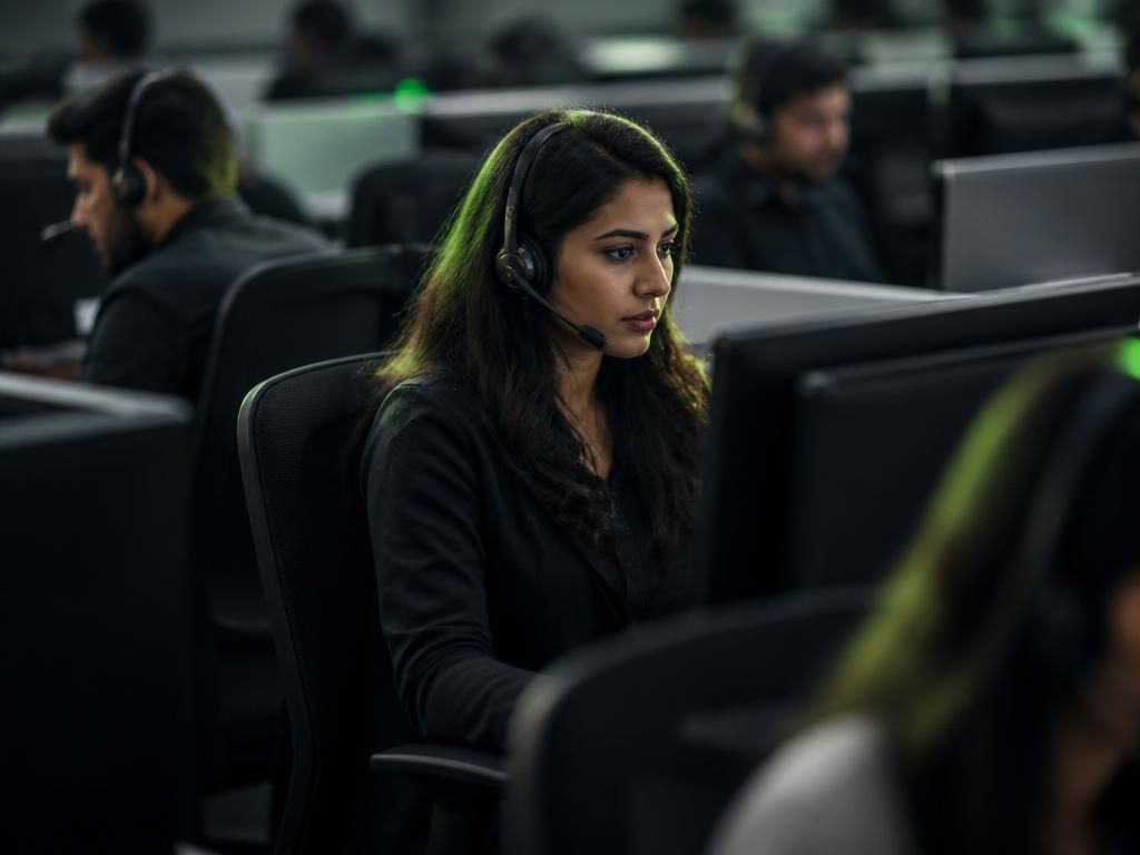 Team of agents wearing headsets on a modern co-working call floor