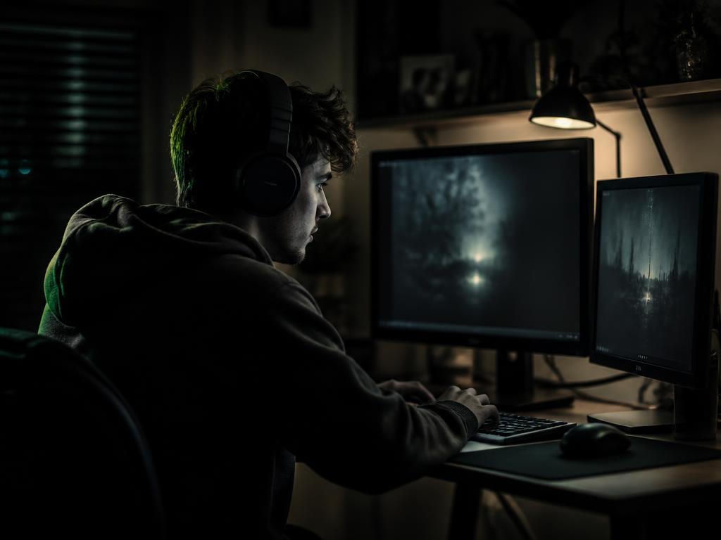 Developer wearing a headset working at a dual-monitor home desk at night