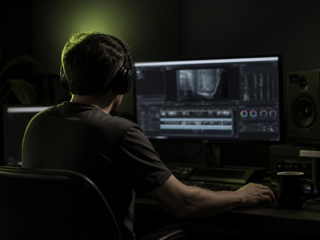 Video editor in headphones working on a timeline in a dark editing suite